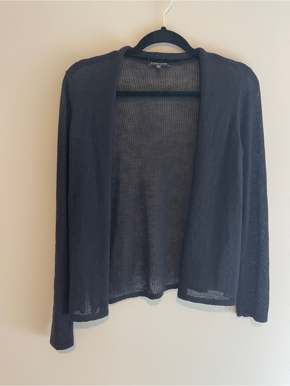 Eileen Fisher Black Open Front 100% Wool Cardigan Sweater Size Small Petite